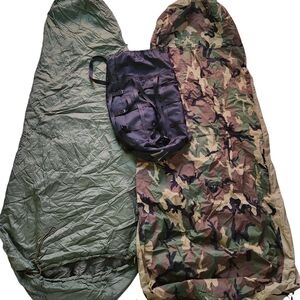 Camouflage Sleeping Bag with Green Cover and Black Backpack